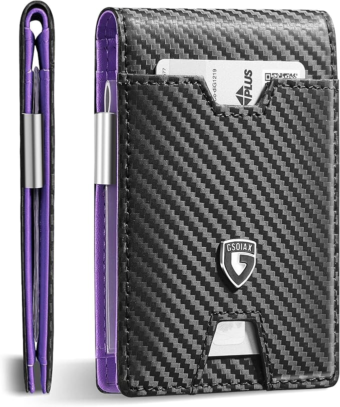 GSOIAX Men's Slim RFID Blocking Leather Wallet with Money Clip | Minimalist Carbon Fiber Bifold Credit Card Holder | 11 Card Slots | Gift Box Included(Carbon Purple)