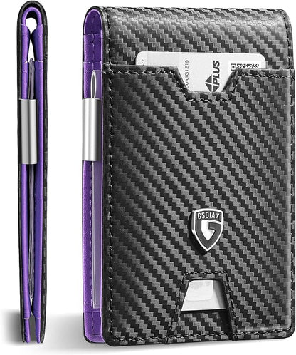 GSOIAX Men's Slim RFID Blocking Leather Wallet with Money Clip | Minimalist Carbon Fiber Bifold Credit Card Holder | 11 Card Slots | Gift Box Included(Carbon Purple)