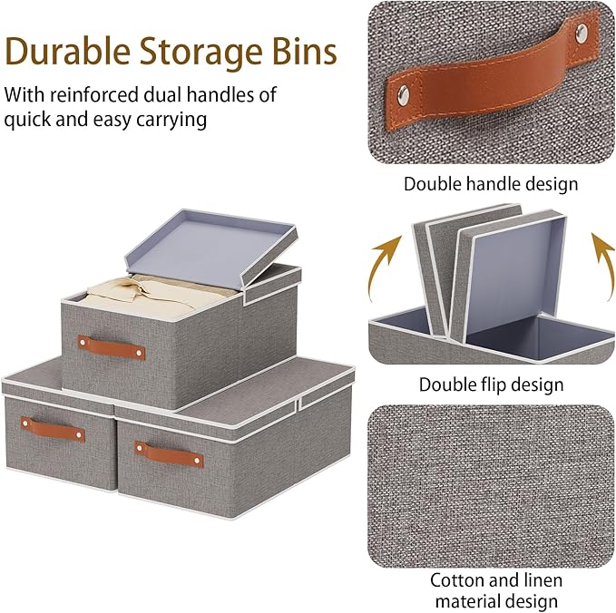 3-Pack Storage Boxes, Foldable Blanket Basket with Detachable Lid, Linen Closet 0rganizers with Double Handles, Collapsible Cubes for Organizing, Grey, 18.5 x 11 x 7.9 in