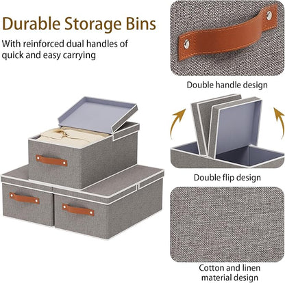 3-Pack Storage Boxes, Foldable Blanket Basket with Detachable Lid, Linen Closet 0rganizers with Double Handles, Collapsible Cubes for Organizing, Grey, 18.5 x 11 x 7.9 in