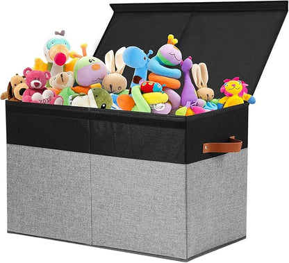 Gowee Large Toy Storage Box with Lid, Sturdy Toys Storage Chest Bin Organizer Basket with Dividers for Kids, Boys, Girls, Nursery, Closet, Bedroom, Playroom 25"x13" x16" (Black and Grey)