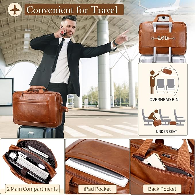 Faux Leather Messenger Bag for Men | 17-17.3 Inch Leather Mens Laptop Bag Leather Briefcasen Convertible Backpack 3 in 1 Computer Handbags Work Bag Shoulder Crossbody Bag Office | Vintage Brown
