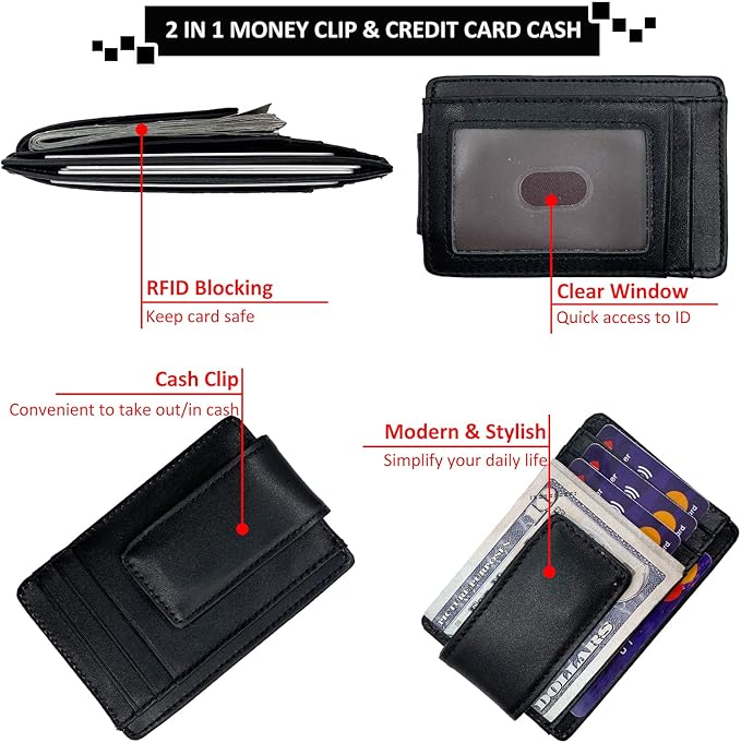 Money Clip RFID Front Pocket Wallet Men Leather Slim Minimalist Wallet