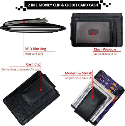 Money Clip RFID Front Pocket Wallet Men Leather Slim Minimalist Wallet