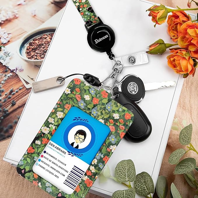 bolimoss Black Cat Lanyard with ID Holder, Cute Flower Leather ID Name Badge Card Holder with Adjustable Retractable Lanyards, Breakaway Lanyards with Swivel Metal Clasp for Women Nurse Teacher