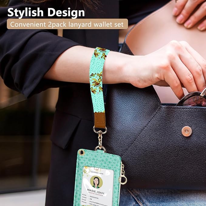 bolimoss Turtle Lanyard Wallet with ID Badge Holder,Cute RFID Leather Wristlet Keychain Lanyard with Zipper Pocket Detachable Neck Lanyard Phone Holder Keyring, Name Tag Holder for Students Teacher