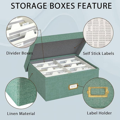 Decorative Photo Storage Box - 2 Pack Linen Photo Box Organizer with Dividers, Fits Holds Up to 1700 Pictures and 4x6 Photos, Memory Keepsake Organizer for Scrapbook Supplies, Cards, Stamps (Green)