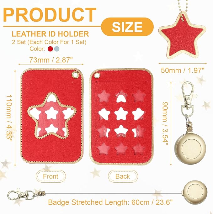 PATIKIL Retractable Badge Holders, 2 Pcs Cute Leather ID Holder with Badge Reels Keychain ID Card Clip Protector Cover for Women Work Office Business Trip, Light Blue/Red