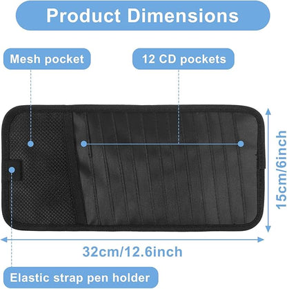 1 Pcs Car CD Holder, Car Sun Visor Storage DVD Disc Holders Pocket Case Organizer with 12 DVD Storage Sleeves, one Mesh Pocket, one Pen Holder, and Elastic Strap (Black)