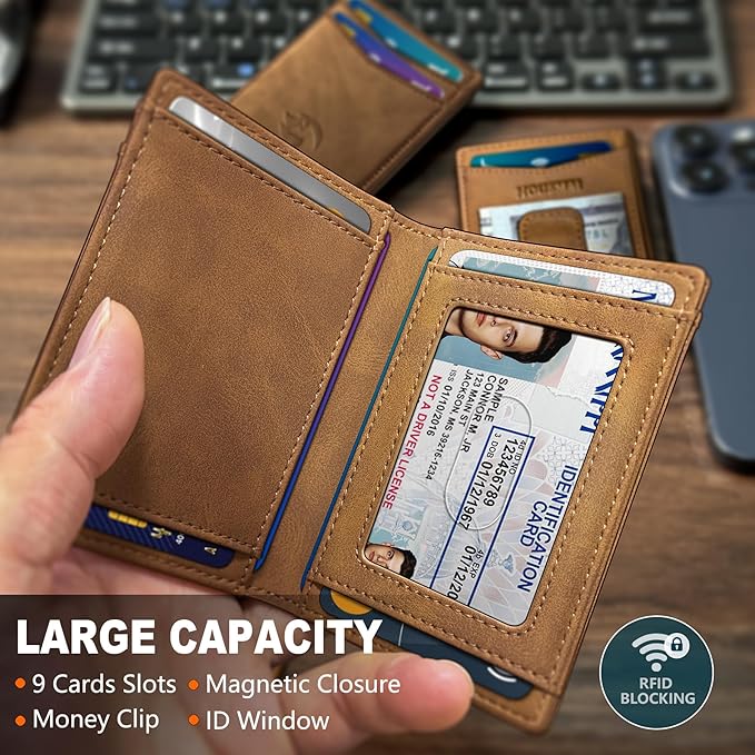 Magnetic Closure Slim Wallet for Men with Money Clip Gift Boxed,Genuine Leather Front Pocket Wallet, 3.9"x 2.7", RFID Blocking
