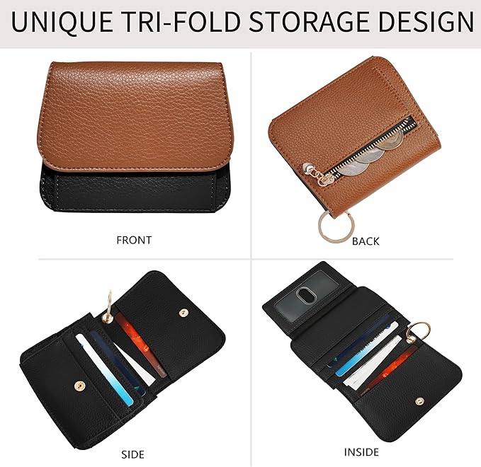 Women Small Wallet RFID Blocking Slim Wallet with Coin Pocket Tri-Fold Credit Card Holder with ID Window and Keychain(Brown＆Black)