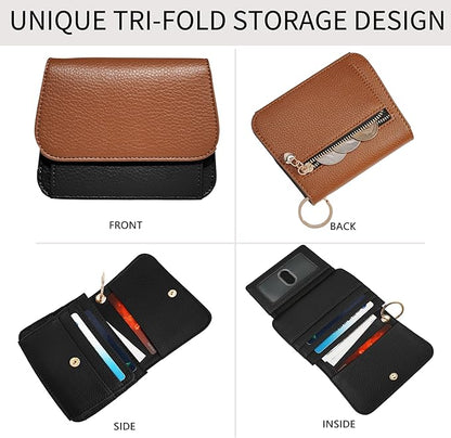 Women Small Wallet RFID Blocking Slim Wallet with Coin Pocket Tri-Fold Credit Card Holder with ID Window and Keychain(Brown＆Black)