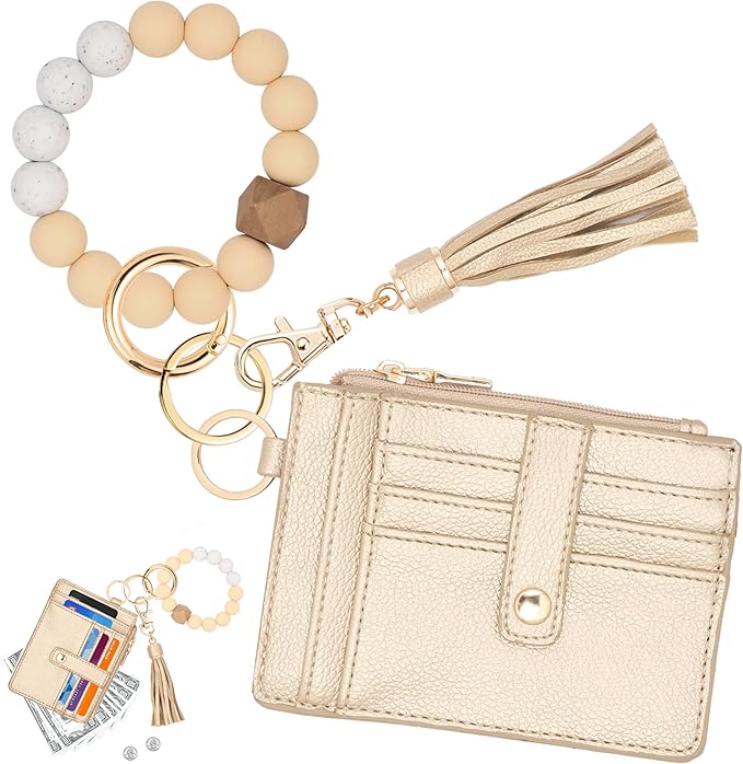 KNGITRYI Wallet Keychain Wristlet for Women,Slim RFID Credit Card Holder Purse Tassel Keychain Bangle Key Ring for Men Women