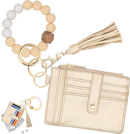 KNGITRYI Wallet Keychain Wristlet for Women,Slim RFID Credit Card Holder Purse Tassel Keychain Bangle Key Ring for Men Women