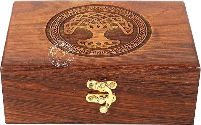 Rosewood Handmade Wooden Urn Tree of Life Engraving Handcarved Jewellery Box for Women-Men Jewel | Home Decor Accents | Decorative Boxes | Storage & Organiser (7" x 5.5" x 3.5", Tree - 11)