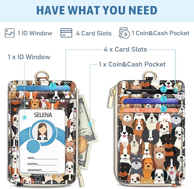 Piefly Cute Dog Lanyard Wallet with ID Badge Holder, Small RFID Wallet Women Keychain Wristlet, Slim Credit Card Holder with Zipper Pocket Phone Lanyard Wrist Strap Name Tag Woman Office Teacher Gift