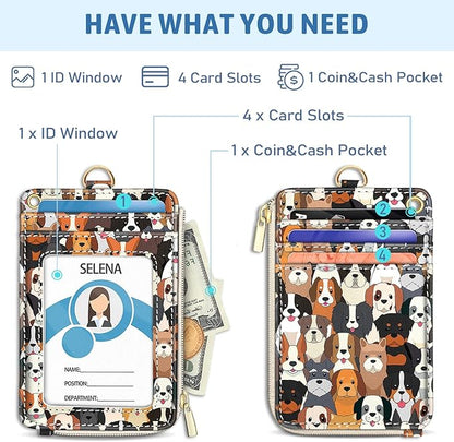 Piefly Cute Dog Lanyard Wallet with ID Badge Holder, Small RFID Wallet Women Keychain Wristlet, Slim Credit Card Holder with Zipper Pocket Phone Lanyard Wrist Strap Name Tag Woman Office Teacher Gift
