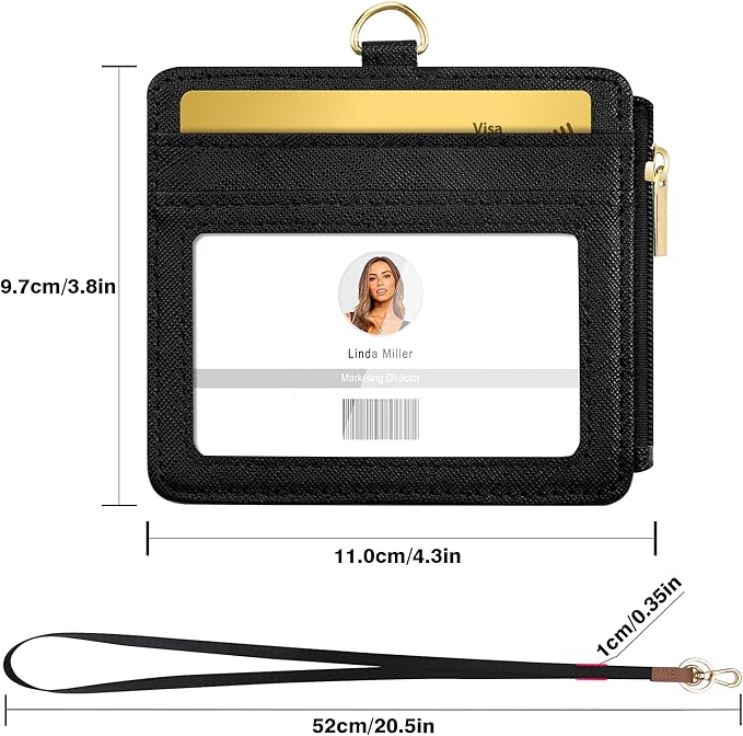 ID Badge Holder with Lanyard, Horizontal PU Leather ID Badge Card Holder with 1 Clear ID Window, 4 Credit Card Slots and a Detachable Neck Lanyard (Horizontal - Black)