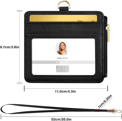 ID Badge Holder with Lanyard, Horizontal PU Leather ID Badge Card Holder with 1 Clear ID Window, 4 Credit Card Slots and a Detachable Neck Lanyard (Horizontal - Black)