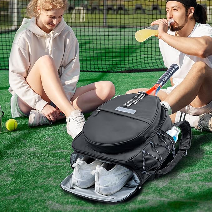 Tennis Backpack with 2 Rackets Holder, Water-Resistant PU Leather Tennis Racket Bag for Women & Men, Sling Crossbody Sports Backpack for Tennis, Pickleball & Badminton, Tennis Gifts