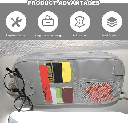 Car Sun Visor Organizer, Multi-Purpose Visor Storage Holder with Elastic Bands & Glasses Clip, Multi-Pocket Sunshade Organizer Soft Leather Storage Pouch for Car Truck SUV (Gray)