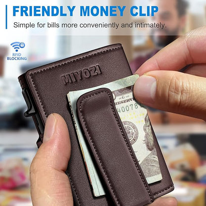 miyozi Wallet for Men, Magnetic Minimalist Slim Wallet with Pop Up Card Holder, 9 Cards RFID Blocking Metal Credit Card Case, Leather Wrapped Money Clip, ID Window & Small Item Slot, Gift Boxed