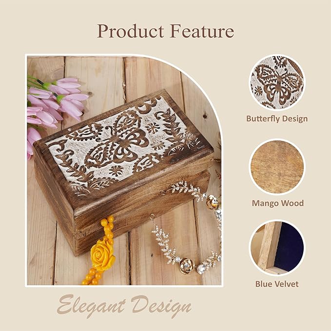 Ajuny Hand-Carved Mango Wood Jewelry Box 8x5 in – Butterfly Design Keepsake & Trinket Organizer, Vintage Decorative Chest with Hinged Lid (White/Brown) – Handmade Gift for Women & Girls