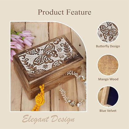 Ajuny Hand-Carved Mango Wood Jewelry Box 8x5 in – Butterfly Design Keepsake & Trinket Organizer, Vintage Decorative Chest with Hinged Lid (White/Brown) – Handmade Gift for Women & Girls