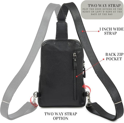 Leather Sling Bag for Women Genuine Crossbody Purse Small Trendy Cross Over Chest with Phone and Credit Card Slots (Black Nappa)