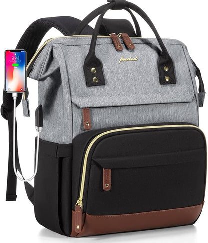 Focdod Women Laptop Backpack Work Bag: 17 inch Travel Computer Backpacks for Nurse Teacher Waterproof College Bookbag with USB Charger Anti-theft Casual Business Backpack Purse Black Grey Brown