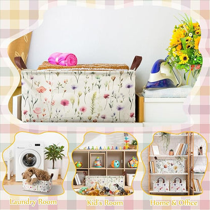 Boao 3 Pcs Wildflowers Storage Bin Wildflowers Collapsible Large Storage Baskets for Gifts Canvas Laundry Basket Foldable Box with Handle for Office Home Bedroom Clothes