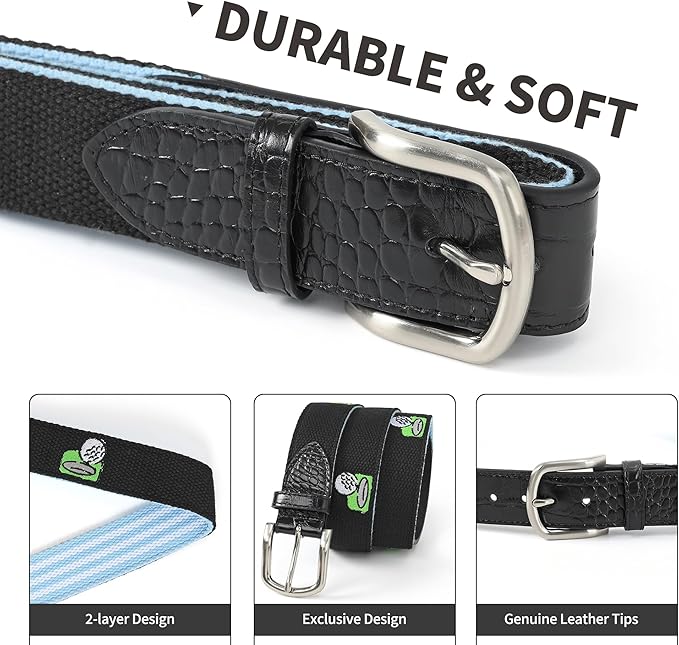 Mile High Life Golf Belts for Men, Canvas Belt with Genuine Leather Tips, Embroidered 2 Layer Web Belt with Pin Buckle