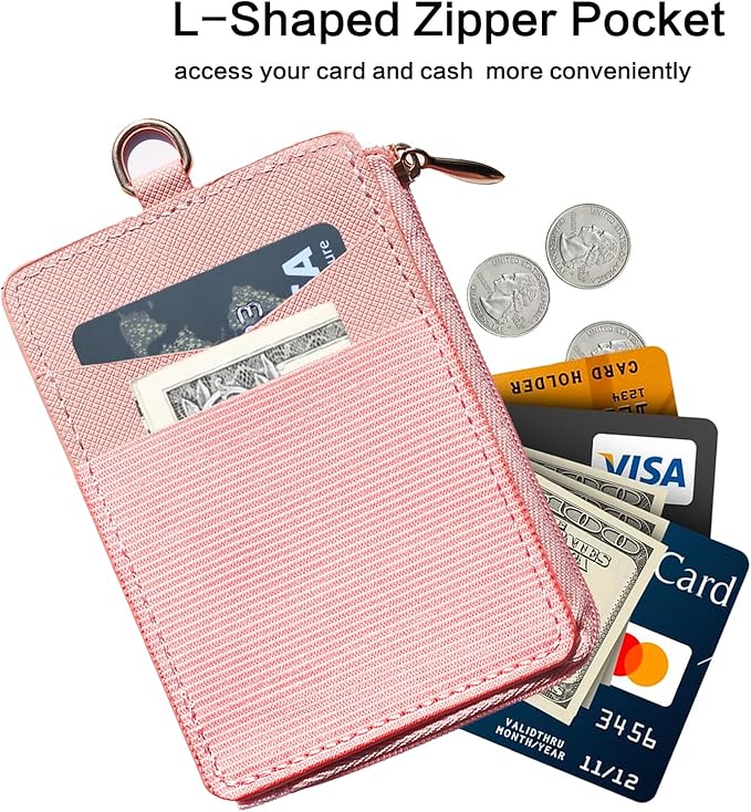 2-in-1 ID Badge Holder & Elastic Card Holder Wallet,Minimalist Men & Women Zip Card Holder Wallet with Neck Lanyard,3 Card Slots and 1 Side Zipper Pocket (Pink-A)