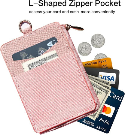 2-in-1 ID Badge Holder & Elastic Card Holder Wallet,Minimalist Men & Women Zip Card Holder Wallet with Neck Lanyard,3 Card Slots and 1 Side Zipper Pocket (Pink-A)