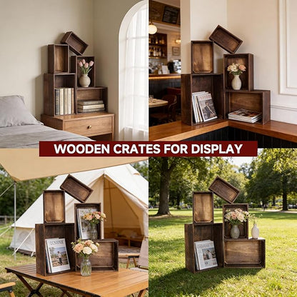 Wooden Crates for Display 5 Pack Large Rustic Nesting Wooden Basket with Handle, Farmhouse Wood Crate for Storage and Container, 5 Size Multipurpose Wood Basket for Fruits Vegetables Boxes