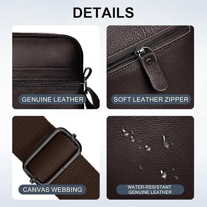 Leathario Men's Crossbody Shoulder Bag, Genuine Leather Small Messenger Satchel for Work Business Travel, Black Side Purse