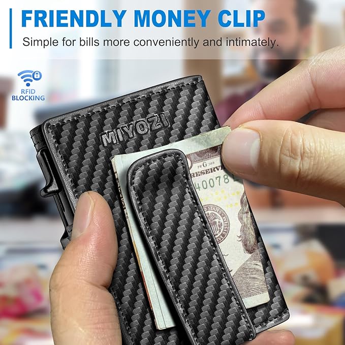 miyozi Wallet for Men, Magnetic Minimalist Slim Wallet with Pop Up Card Holder, 9 Cards RFID Blocking Metal Credit Card Case, Leather Wrapped Money Clip, ID Window & Small Item Slot, Gift Boxed