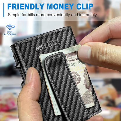 miyozi Wallet for Men, Magnetic Minimalist Slim Wallet with Pop Up Card Holder, 9 Cards RFID Blocking Metal Credit Card Case, Leather Wrapped Money Clip, ID Window & Small Item Slot, Gift Boxed