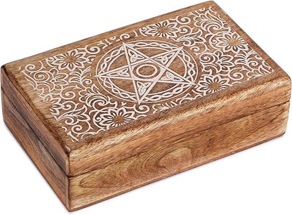 Ajuny Handmade Wooden Decorative Storage Box Star Floral Pattern Multipurpose Keepsake Treasure Chest Box for Memory Cards, Watches, Jewlery and Small Accessories Gift for Men and Women - 8X5 Inch