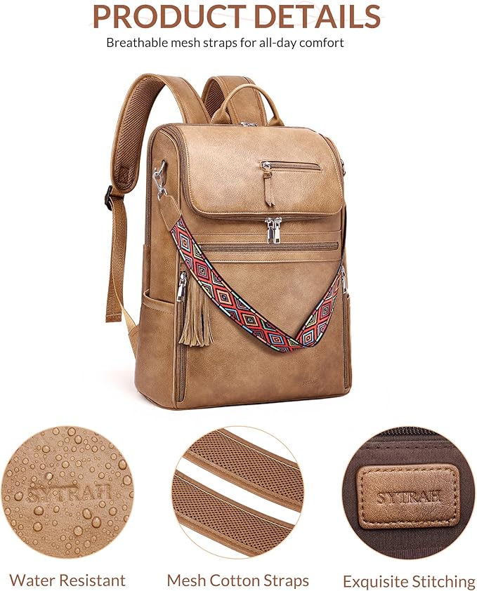 SYTRAH Leather Laptop Backpack for Women Designer Laptop Bag, 16.5 inch Travel Computer Backpacks Purse with Tassel for Work Business with Satchel Purse Camel Brown