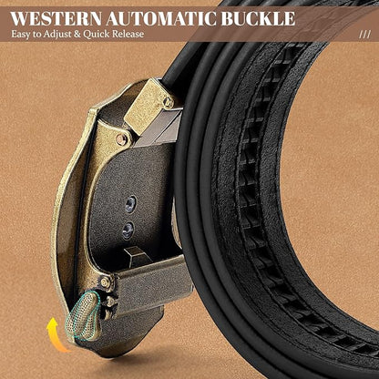 SANSTHS Western Cowboy Ratchet Belts for Men Women Leather Cowboy Belt with Automatic Western Buckle for Jeans Gifts