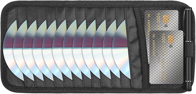 Car CD Holder DVD Vehicle Visor Storage Organizer Black Large Capacity CD Visor Case with 12 DVD Storage Sleeves, 1 Mesh Pocket, 1 Pen Loop & Elastic Strap