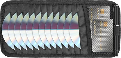 Car CD Holder DVD Vehicle Visor Storage Organizer Black Large Capacity CD Visor Case with 12 DVD Storage Sleeves, 1 Mesh Pocket, 1 Pen Loop & Elastic Strap