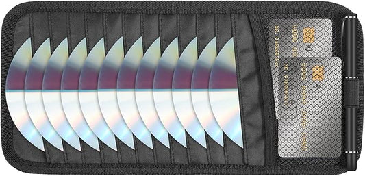 Car CD Holder DVD Vehicle Visor Storage Organizer Black Large Capacity CD Visor Case with 12 DVD Storage Sleeves, 1 Mesh Pocket, 1 Pen Loop & Elastic Strap