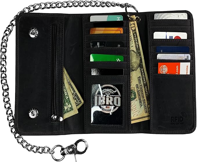 IBRO VINTAGE Motorcycle Chain Wallet for Men – Premium Cowhide Leather, RFID Tri-Fold Biker Wallet with Heavy Duty Chain for Bikers Truckers & Hunters, Credit Card Money Organizer Long Wallet | Long Trifold, RFID Blocking, Men's, Trucker Biker