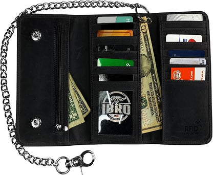 IBRO VINTAGE Motorcycle Chain Wallet for Men – Premium Cowhide Leather, RFID Tri-Fold Biker Wallet with Heavy Duty Chain for Bikers Truckers & Hunters, Credit Card Money Organizer Long Wallet | Long Trifold, RFID Blocking, Men's, Trucker Biker