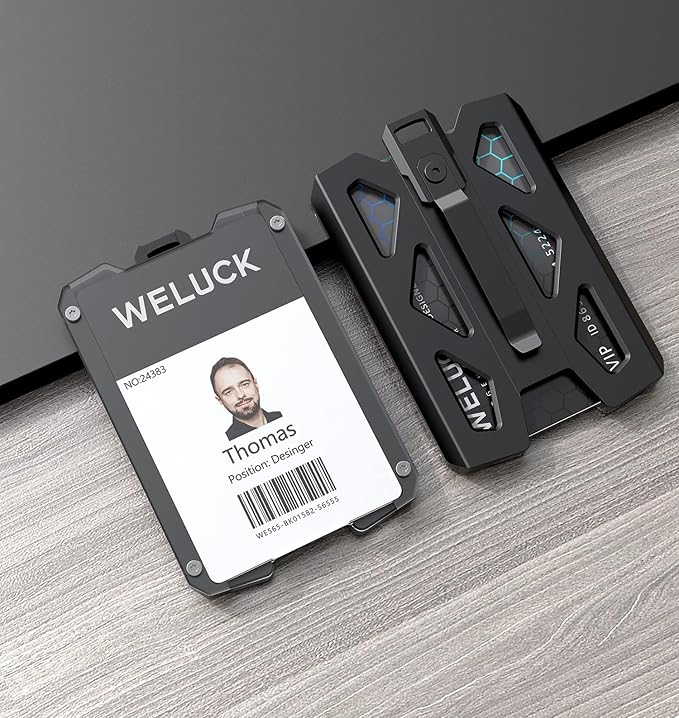 Badge Holder Wallet, Aluminum Card Holder with Metal Clip, Lanyard ID Holder 4 Cards Storable for Business Office Work Police Outdoor Gift (Black02)