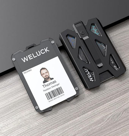 Badge Holder Wallet, Aluminum Card Holder with Metal Clip, Lanyard ID Holder 4 Cards Storable for Business Office Work Police Outdoor Gift (Black02)