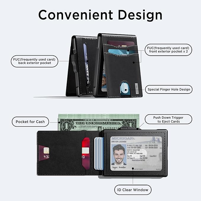 umoven Wallet for Men - Pop Up Case, Cash Slot, and Credit Card Slot - Slim Aluminum Wallet with RFID Blocking, Minimalist Leather Wallet Front Pocket with ID Window, Gift Box (Dark black)