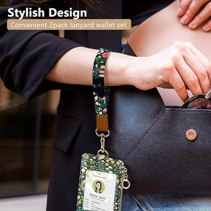 2-in-1 ID Badge Holder & Lanyard Wallet Cute Women Leather Zip ID Case Wallet with Breakaway Wrist Neck Lanyard, Clear Window, 5 Card Slots, Ring Keychain for Worker Teacher Floral Halloween Black Cat